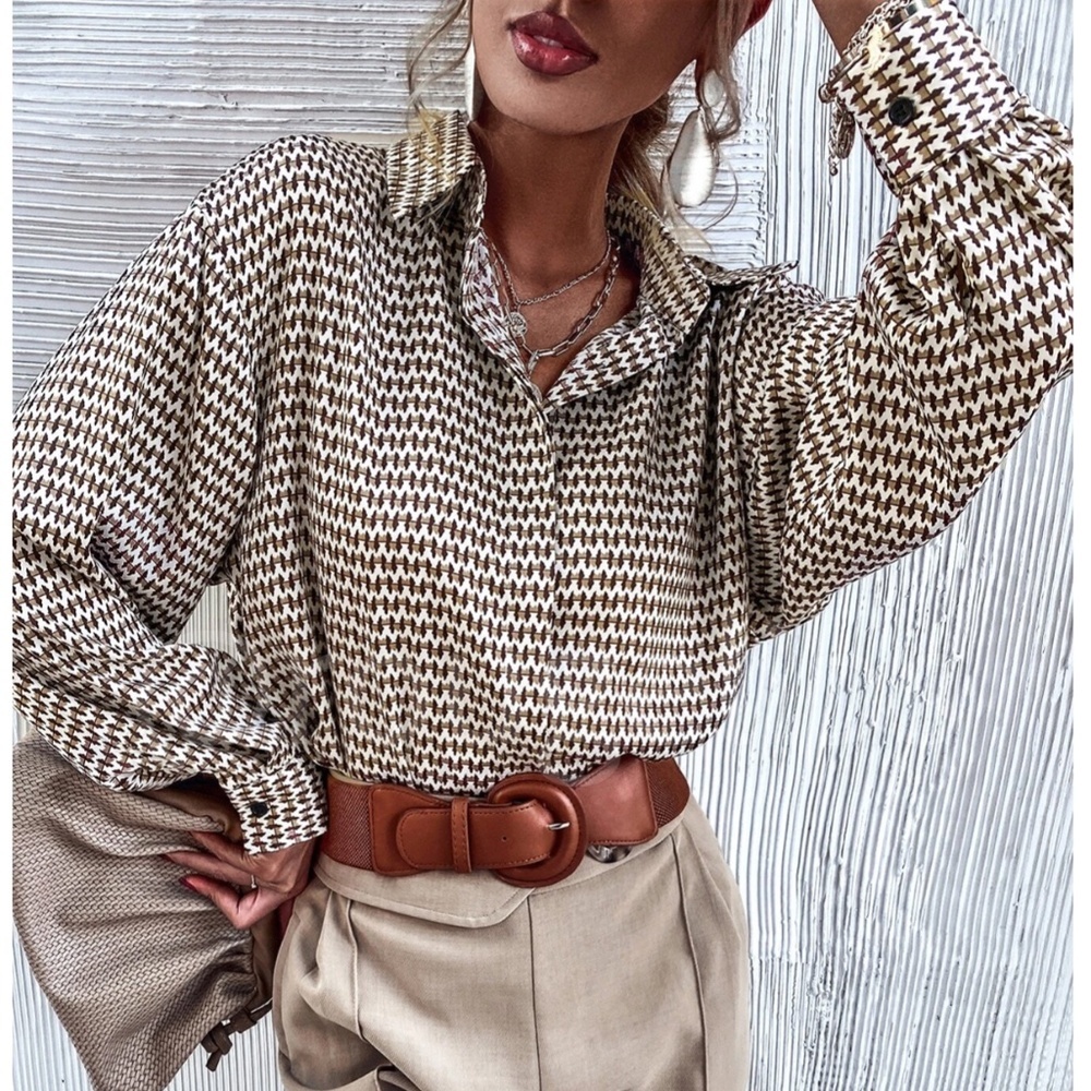 Satin All Over Print Button Down Shirt Oversized Tan Beige Brown Multicolor - Picture 1 of 16